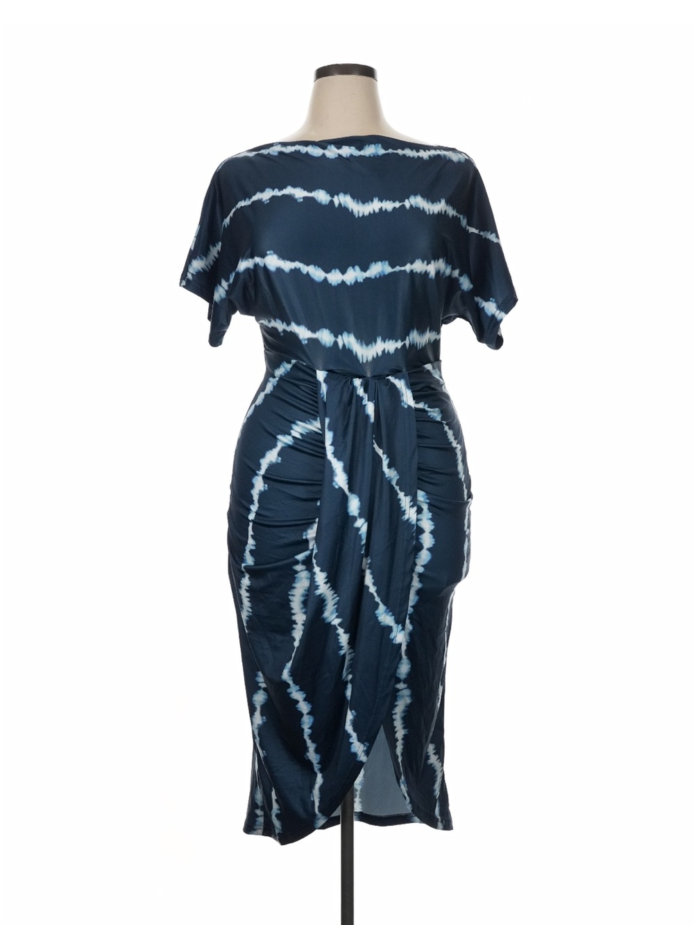 Tie-Dye Ruched Midi Dress in Navy
